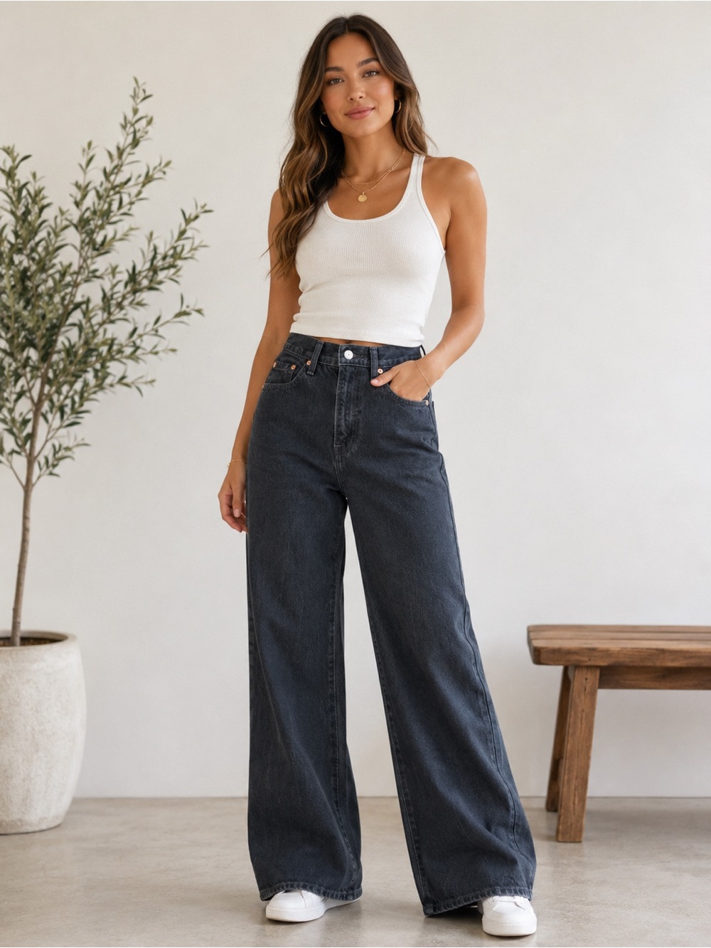Levi’s Ribcage Wide-Leg High-Rise Jeans Black Wash Size 24